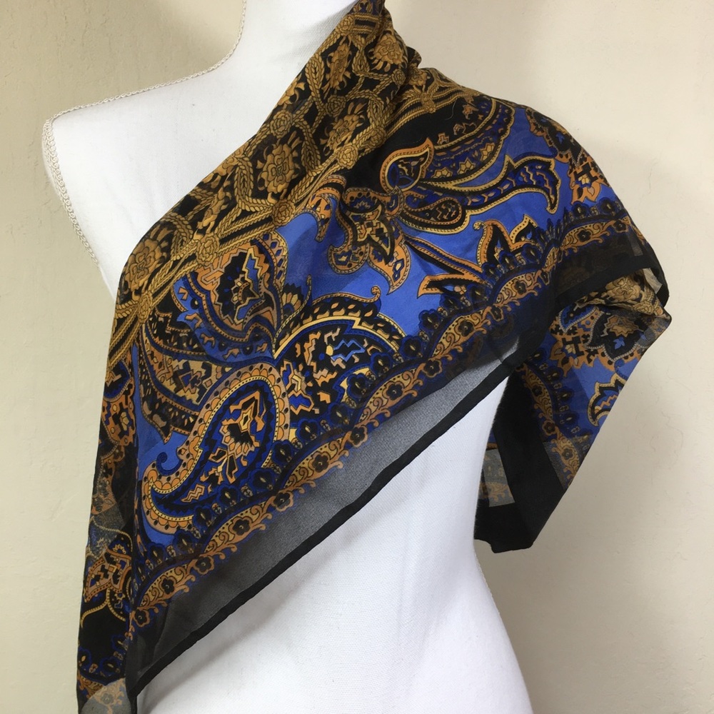 Large Sheer Paisley Scarf Black Gold Blue Italy